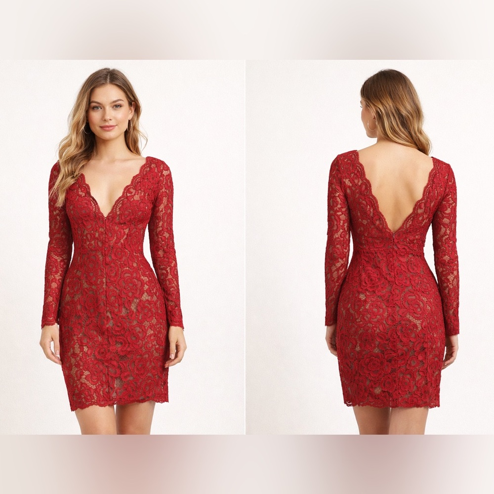 Vera Wang Red Lace Deep V Cocktail‎ Dress Sz. 6
